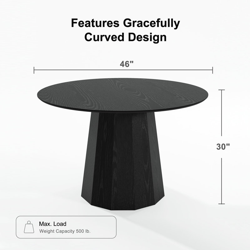 Solid Wood Dining Table Round Pedestal Kitchen Table, 30”H x 46”L x 46”W, Black