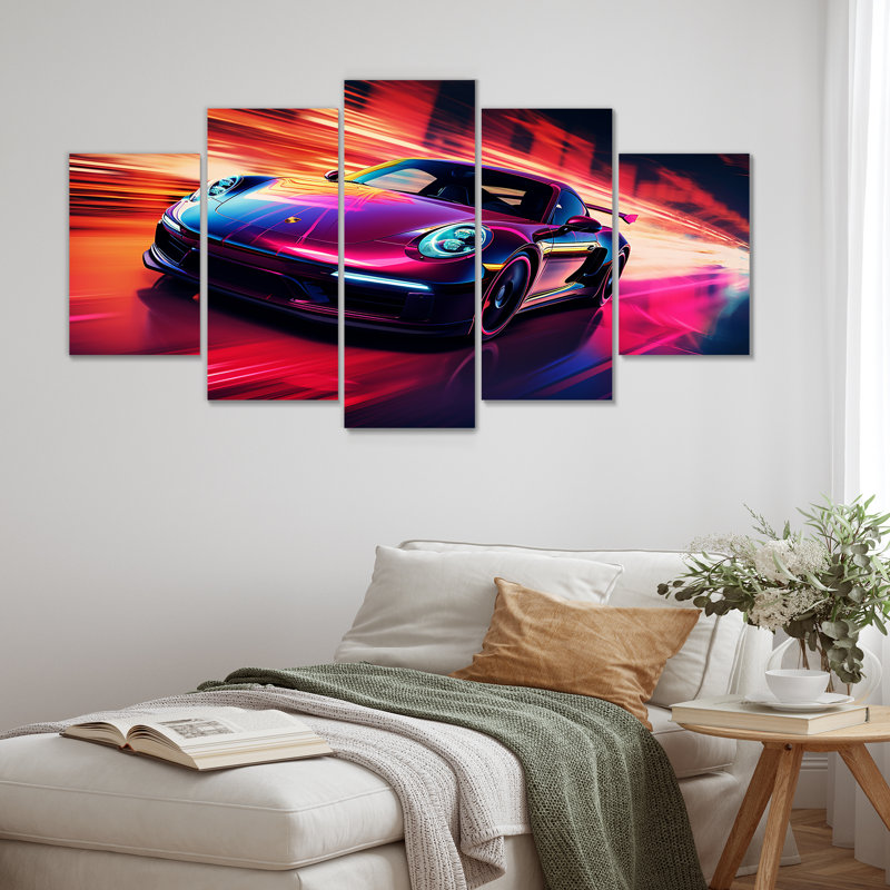 Futuriste fuchsia haute vitesse - art mural exotique de voiture 5 pièces, H 32 po x l 60 po