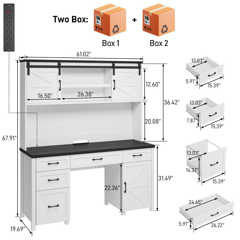 67''H Executive Desk With Hutch & 5 Drawers, Black/White
