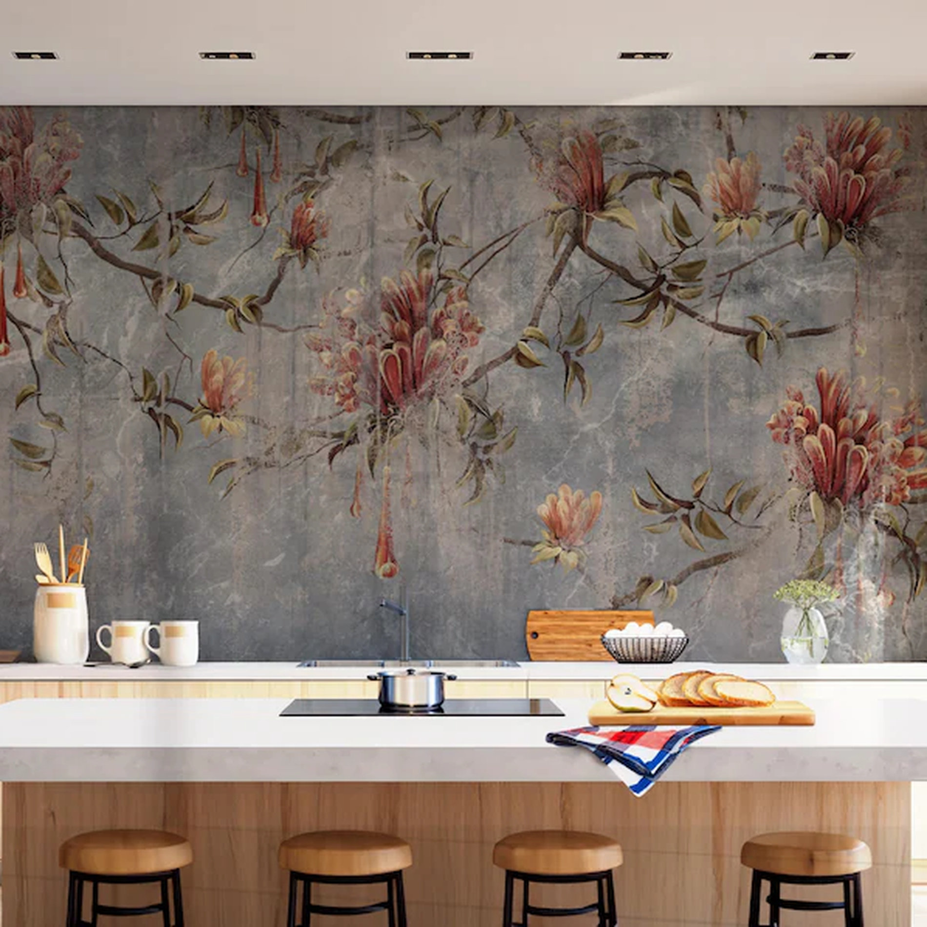 Red Barrel Studio® Vintage Floral Branch Wall Mural With Red Blossoms ...