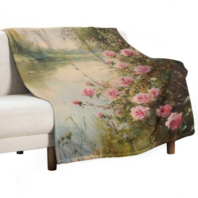 Pink Roses Bloom by Tranquil River Luxury Flannel Throw Blanket, Soft Warm Fuzzy Blanket for Living Room Sofa Bed Home Decor