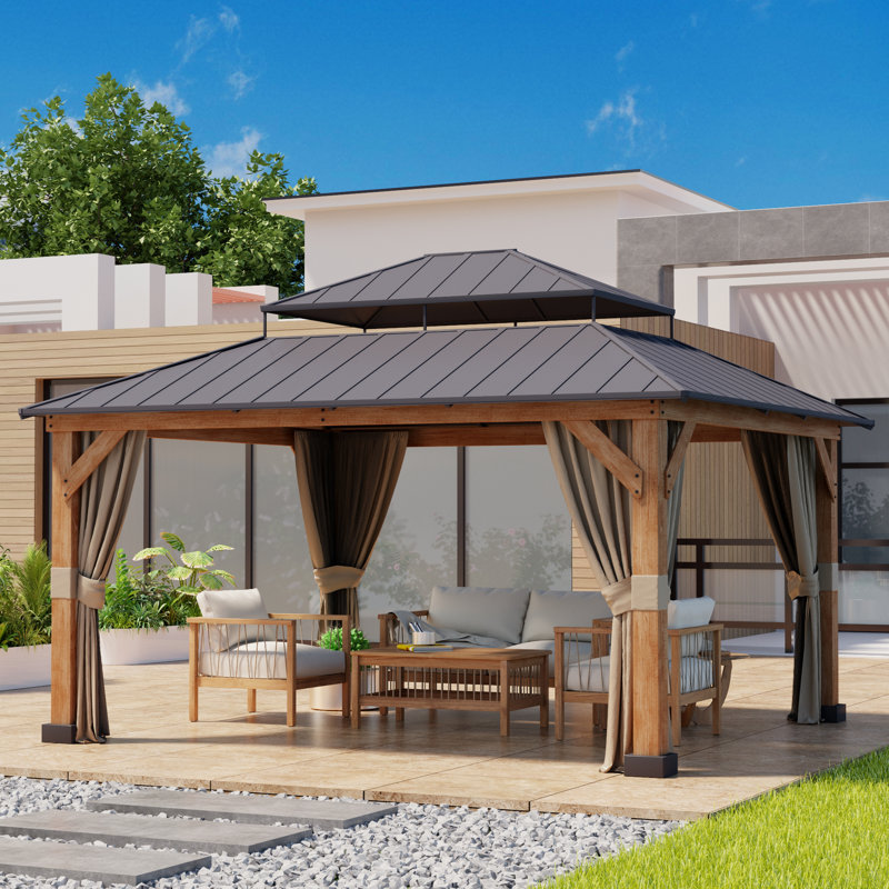 15 ft. x 13 ft. Wood Grain Aluminum Double Galvanized Steel Roof Gazebo with Ceiling Hook,Mosquito Netting and Curtains