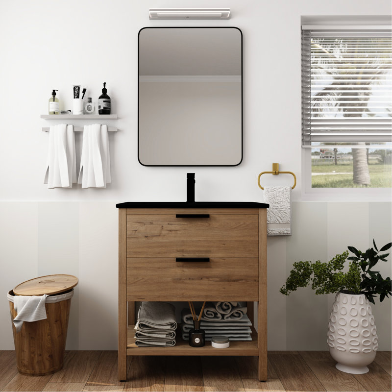 Armoire de salle de bain, autoportant, lavabo en céramique, contreplaqué, design moderne, instructions d'installation simple, tiroir de meuble-lavabo 30 po, armoire noire, méthode d'assemblage rapide