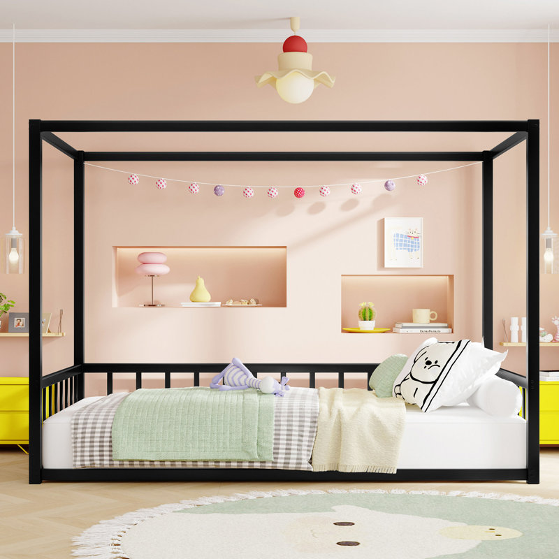 Sunshade Floor Bed with Iron Frame, Fence-Style Guardrails, and Low-Profile Design for Modern Bedrooms, Twin