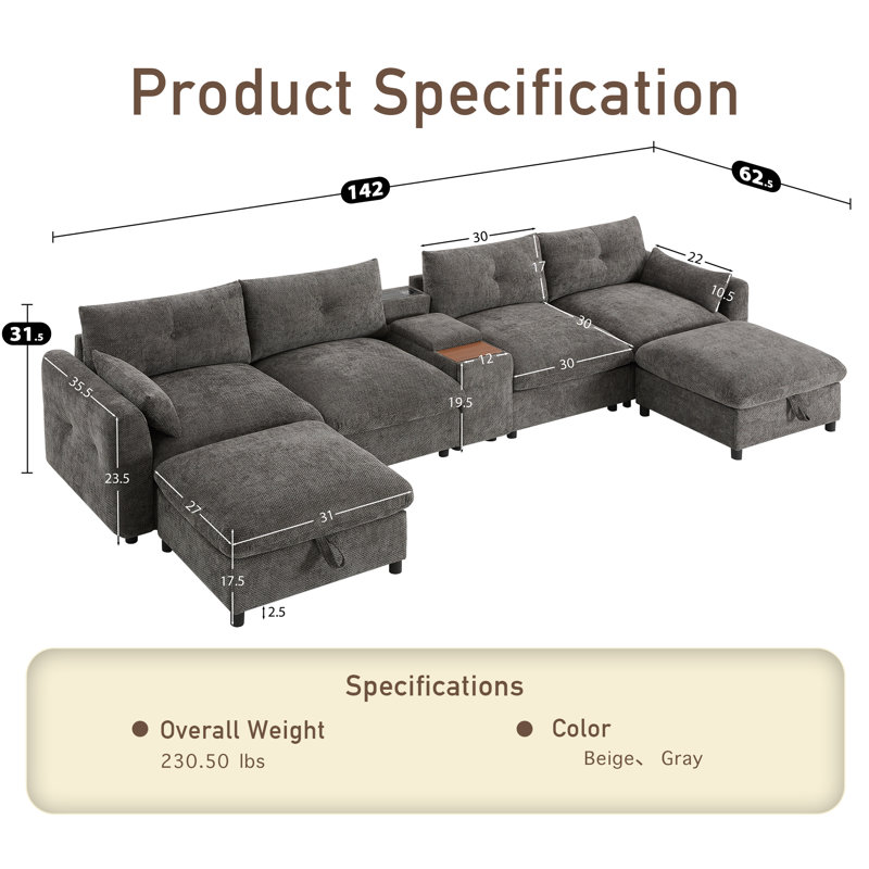 Canapé modulaire en tissu de chenille 6 places avec repose-pieds, Gris chenille