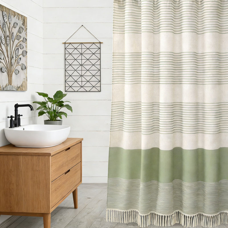 Farmhouse Shower Curtain With Linen Texture And Decorative Tassels, Rustic Style Bathroom Decor With Rust-Resistant Grommets, Easy Care Fabric