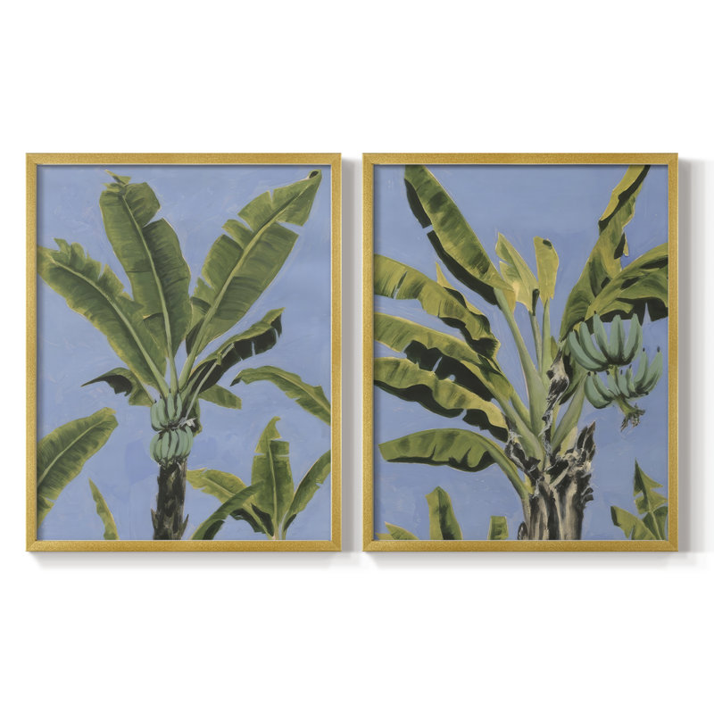 Reproduction encadrée de feuilles de bananier sur fond bleu I-Premium - prêt à être accroché - aucun clou requis - aucun clou requis