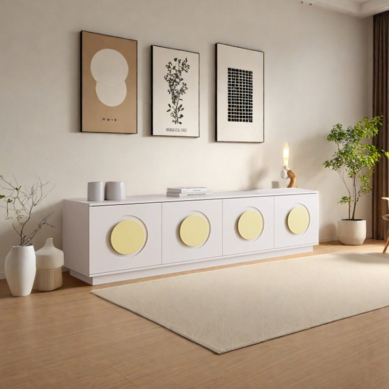 Wood TV Stand with Cabinets, Drawers, 15.75"H x 70.86"L x 15.75"W, Cream/Yellow