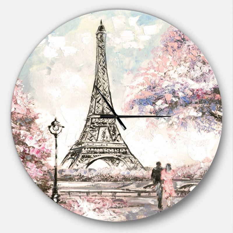 Eiffel avec fleurs roses - horloge murale moderne, Grand