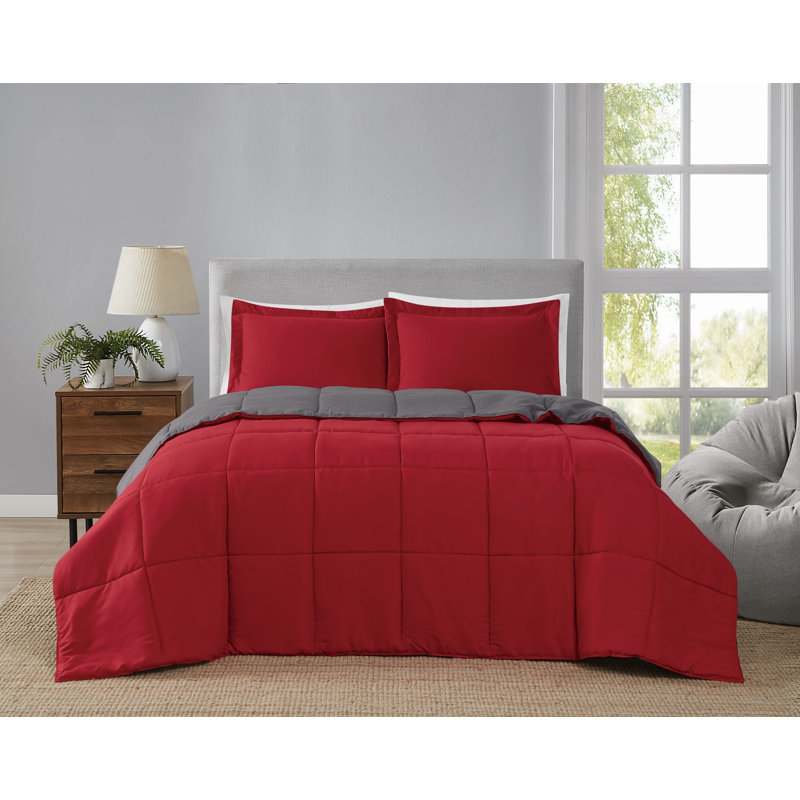 Ensemble d'édredon réversible en microfibre Everyday, Rouge/gris, Édredon grand et 2 taies décoratives