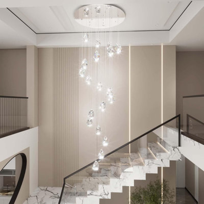 Modern Crystal Spiral Chandelier For High Ceilings, 20-Light LED Dimmable Fixture With K9 Crystal Drops For Foyer, Staircase, And Entryway