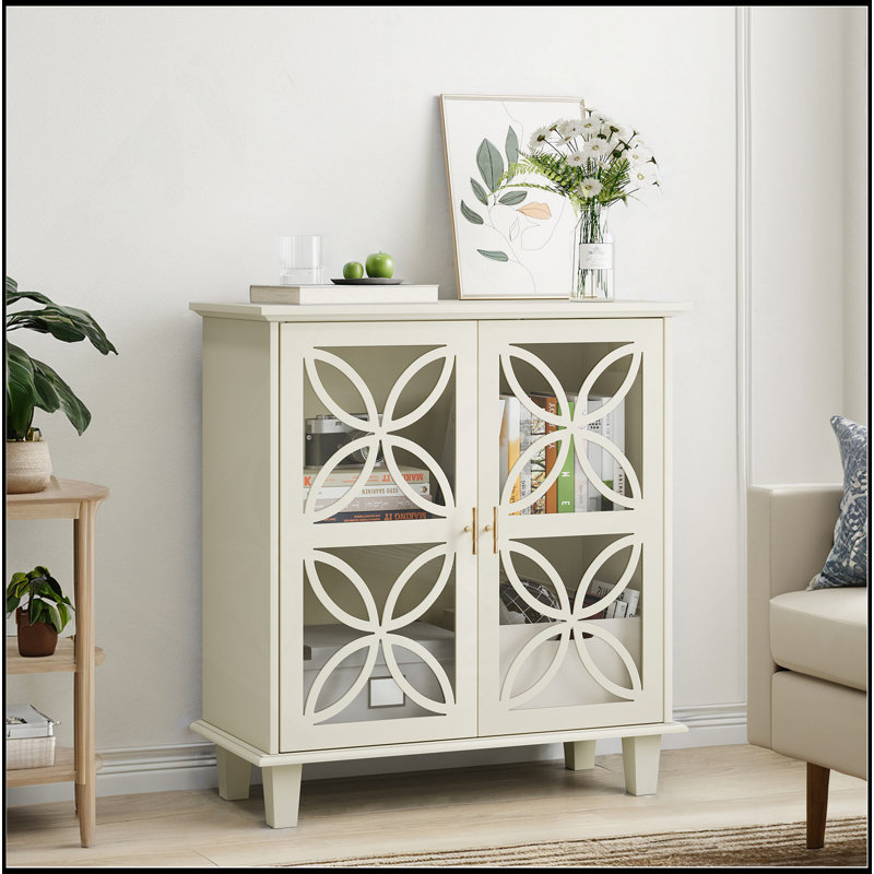 Buffet, armoire de salle de bain autoportante avec portes en verre trempé, console de cuisine rétro moderne, armoire de rangement décorative à 2 portes, couleur crème