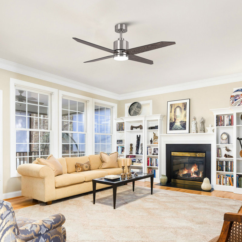 Dricketts 52" 4 - Blade Ceiling Fan with Dimmable 3CCT LED Lights and Remote Control, Satin Nickel with Brown Blades