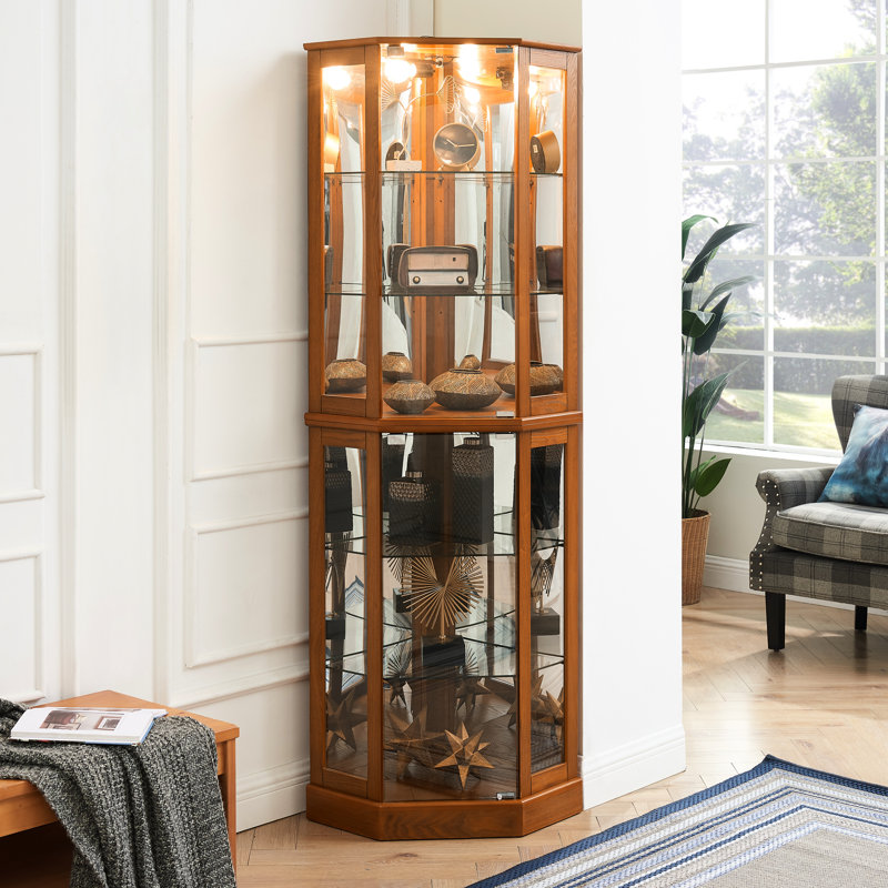 Vitrine éclairée en chêne, miroirs, 6 tablettes réglables en chêne