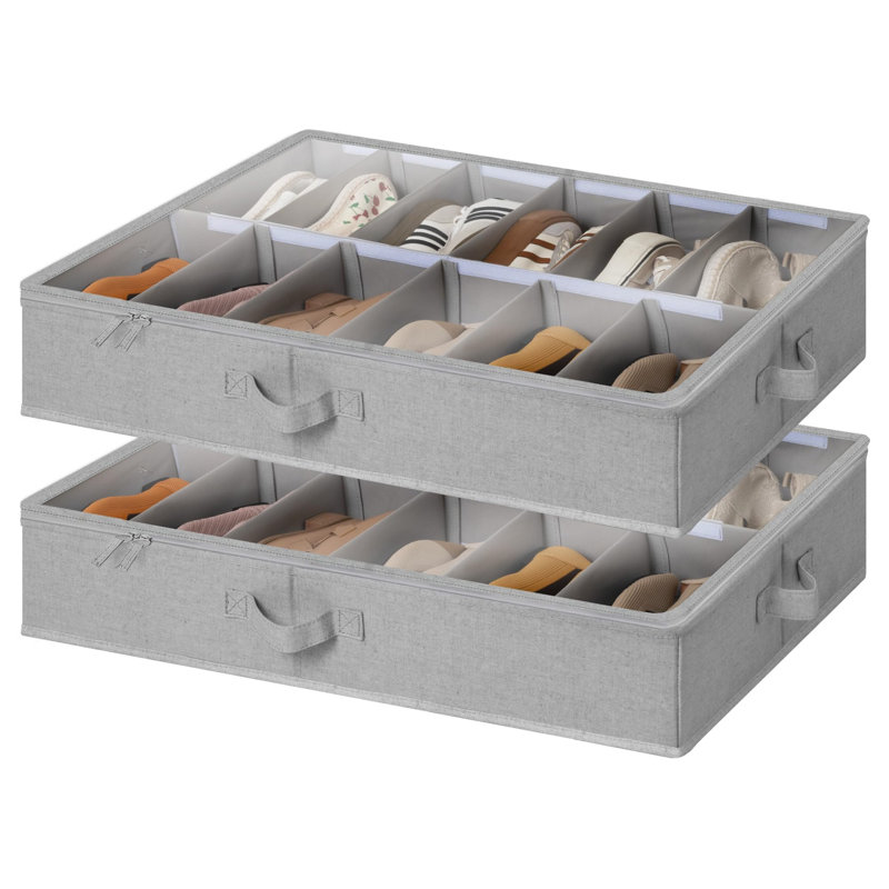 Under Bed Shoe Storage Containers with Bottom Support and Adjustable Dividers, Shoe Organizer for Closet, Fits up to 24 Pairs, 2-Pack, (Gray)