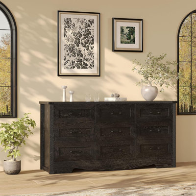 Commode 9 tiroirs 59 po, armoire de rangement en bois avec ensemble anti-basculement pour chambre à coucher, salon et bureau personnel 59 po