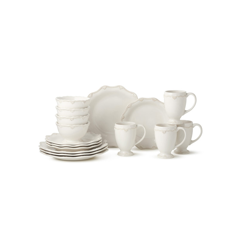 Service de vaisselle 16 pièces en grès Heritage Scroll, service pour 4 - assiettes, tasses et bols ivoire crémeux avec gaufrage Scroll élégant - Va au micro-ondes et au lave-vaisselle