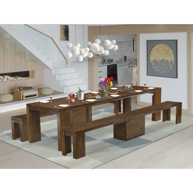3 Pieces Dining Room Set Includes 1 Kitchen Table and 2 Modern Benches, Antique Walnut, 3 Pieces: Table, 2 Benches