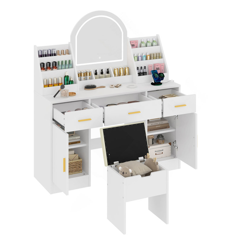 Coiffeuse 47,2 "avec miroir et lumière, coiffeuse avec tabouret de rangement rembourré, coiffeuse avec deux organisateurs, 3 tiroirs et 2 armoires pour la chambre à coucher, blanc