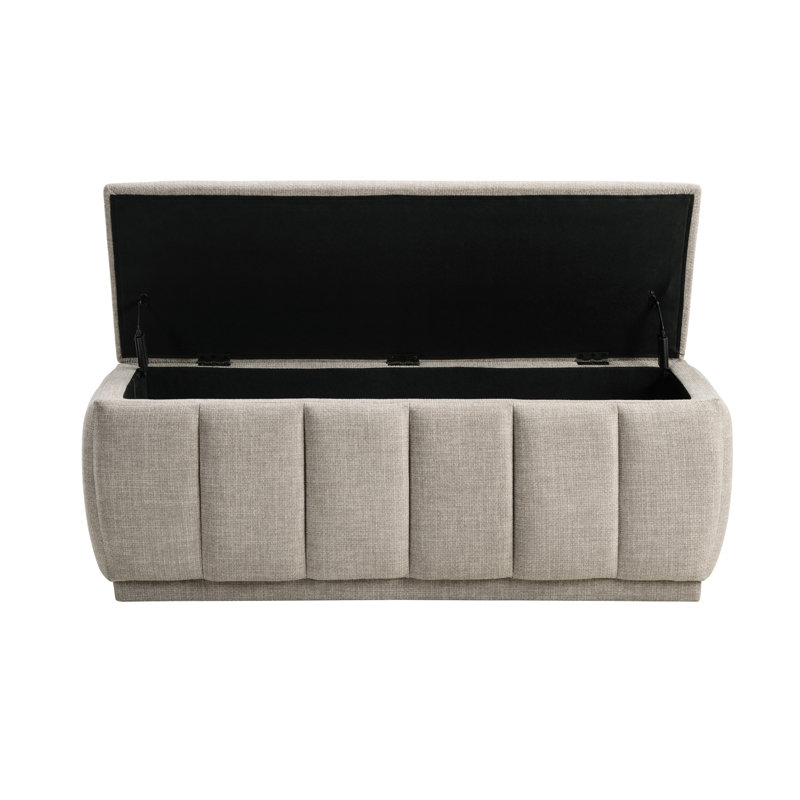 Banc de rangement spacieux en tissu taupe avec structure en contreplaqué et siège confortable
