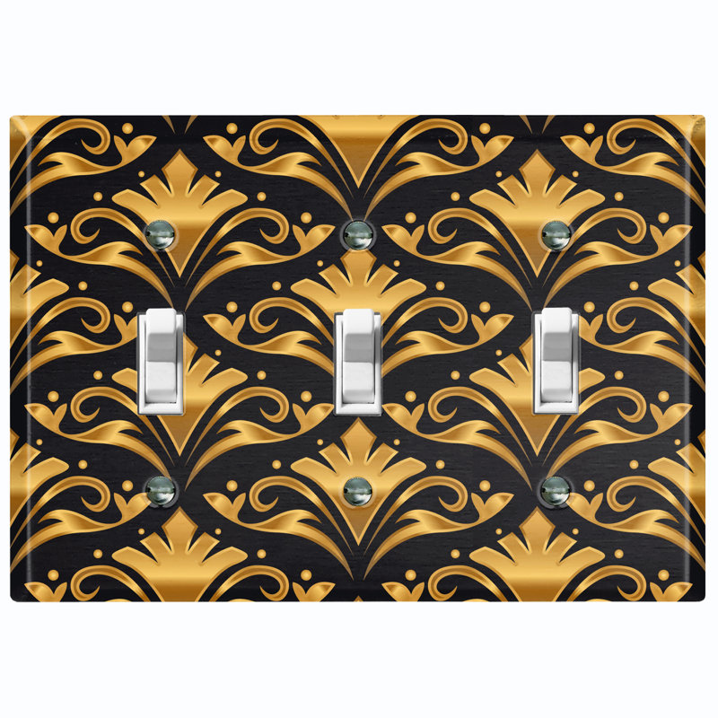 Yellow Brown Wallpaper Damask Pattern Patterned 3 - Gang Toggle Light Switch Standard Wall Plate