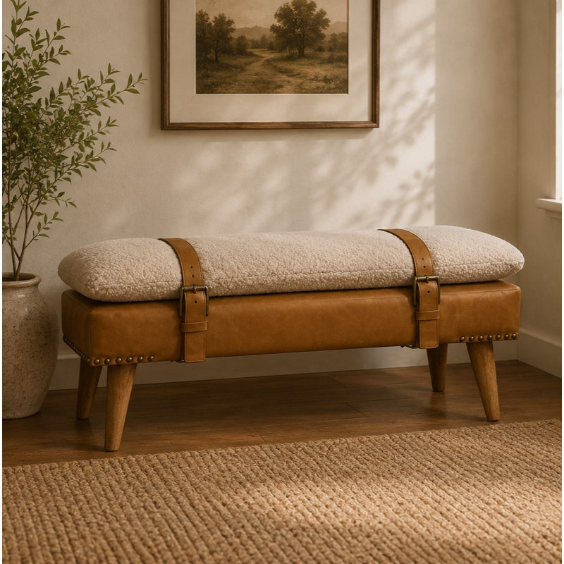 Banc en bois massif avec garniture cloutée, Brun/crème