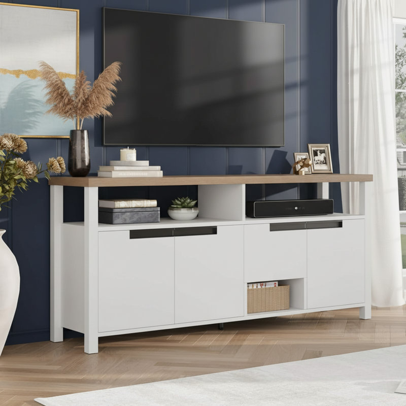 Meuble télé, avec rangement et tablette ouverte, Blanc / Gris