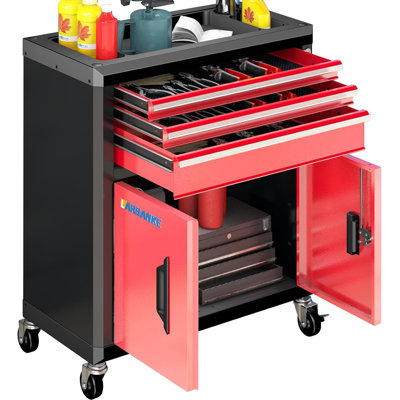 Lockable Rolling Tool Cabinet 3 Drawers 2 Doors, Stackable via Connecting Rods with Casters & Drawer Liners