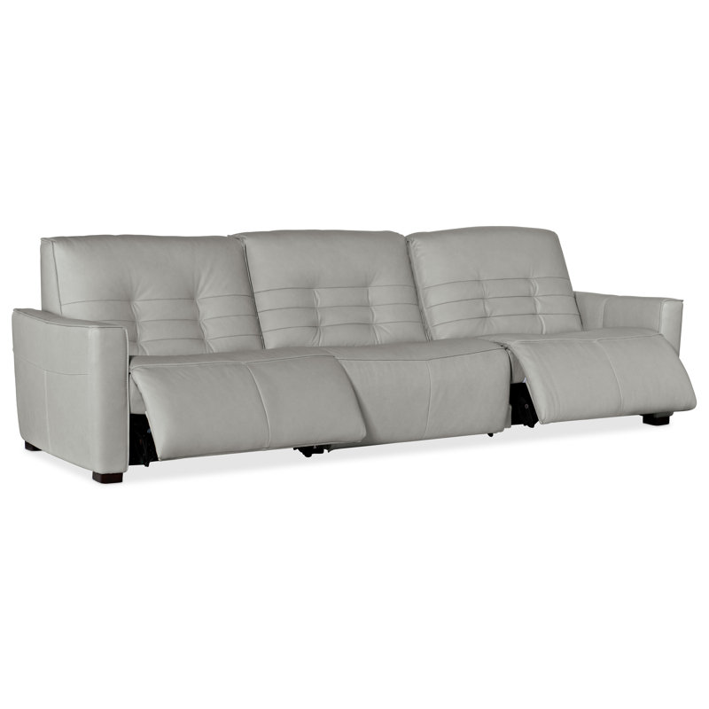 Gray Tufted Leather Reclining Sofa with Track Arms and Nailhead Trim