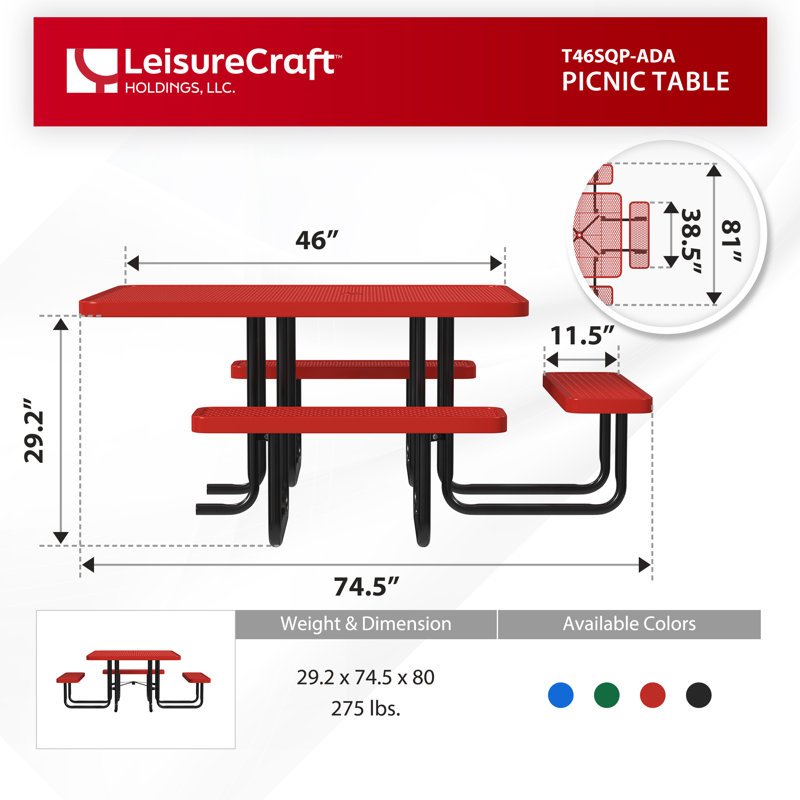 Table de pique-nique carrée 46 po avec 3 sièges et banc de loisirs ADA, Rouge