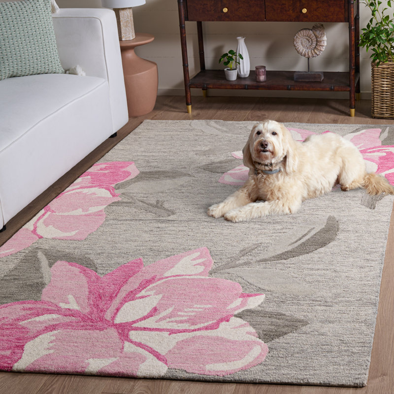 Tapis floral gris / rose en laine / coton touffeté à la main Jardin 403, Rectangle 5 pi x 8 pi