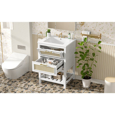 Meuble-lavabo 24 po avec lavabo en céramique intégré, 1 armoire de salle de bain avec 1 tiroir profond et 1 tiroir basculant