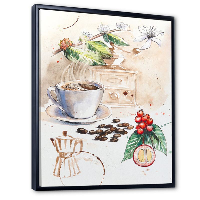 «Coffee in Hot Cup Coffee Redolent Set», reproduction de photo sur toile, H 32 po x l 16 po x P 1 po, Cadre flottant noir