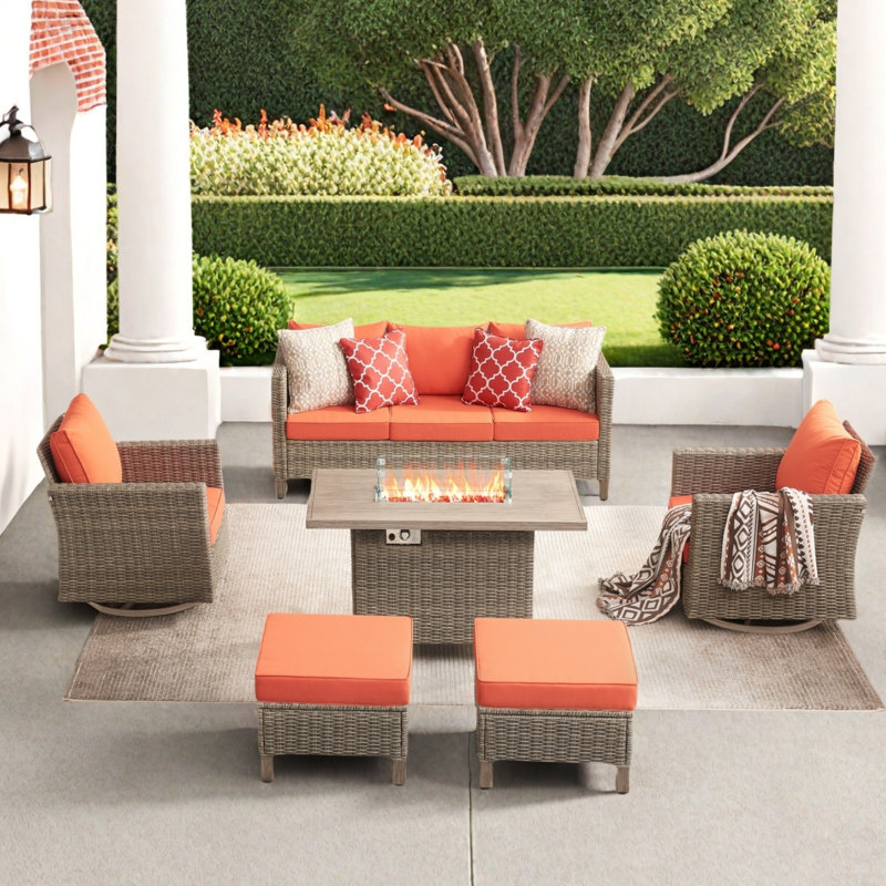 6 Piece Patio Conversation Sets With Fire Pit, Orange