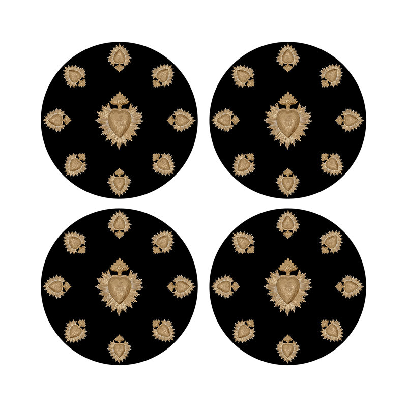 Ex Vote Orange Vegan Leather Round Coasters, Black