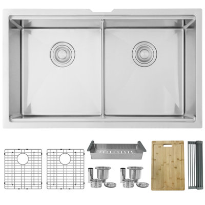 Évier de cuisine à double cuve en acier inoxydable brossé 50/50 de calibre 16 32 po x 19 po avec accessoires encastrés