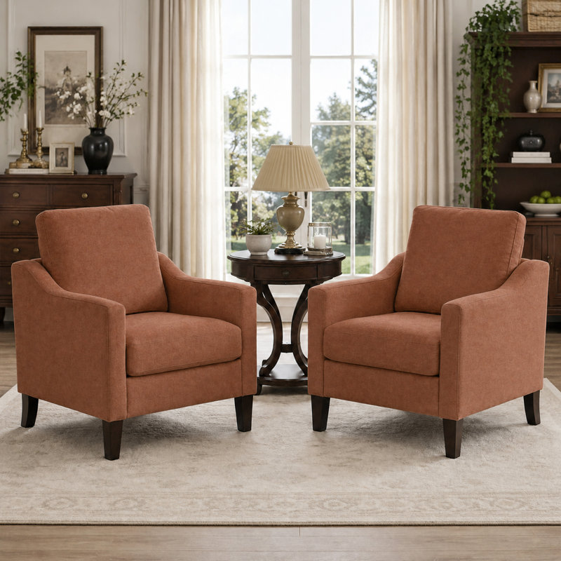 Ensemble de 2 fauteuils rembourrés avec pieds en bois massif, Orange, 2