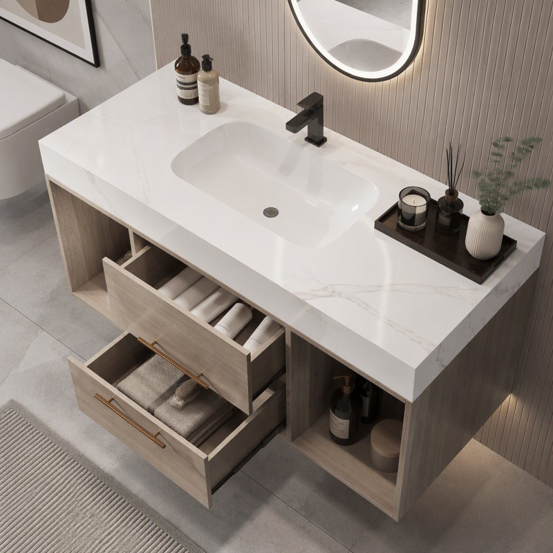 Wall Mounted Single Vanity Bathroom Vanity With Stone Top, White,Wood