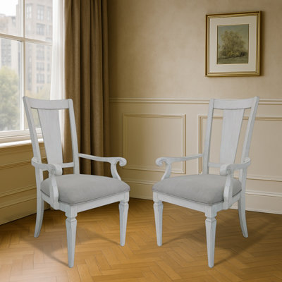 Holloway Arm Chairs (Set-2), Weathered White Finish & Light Gray Linen