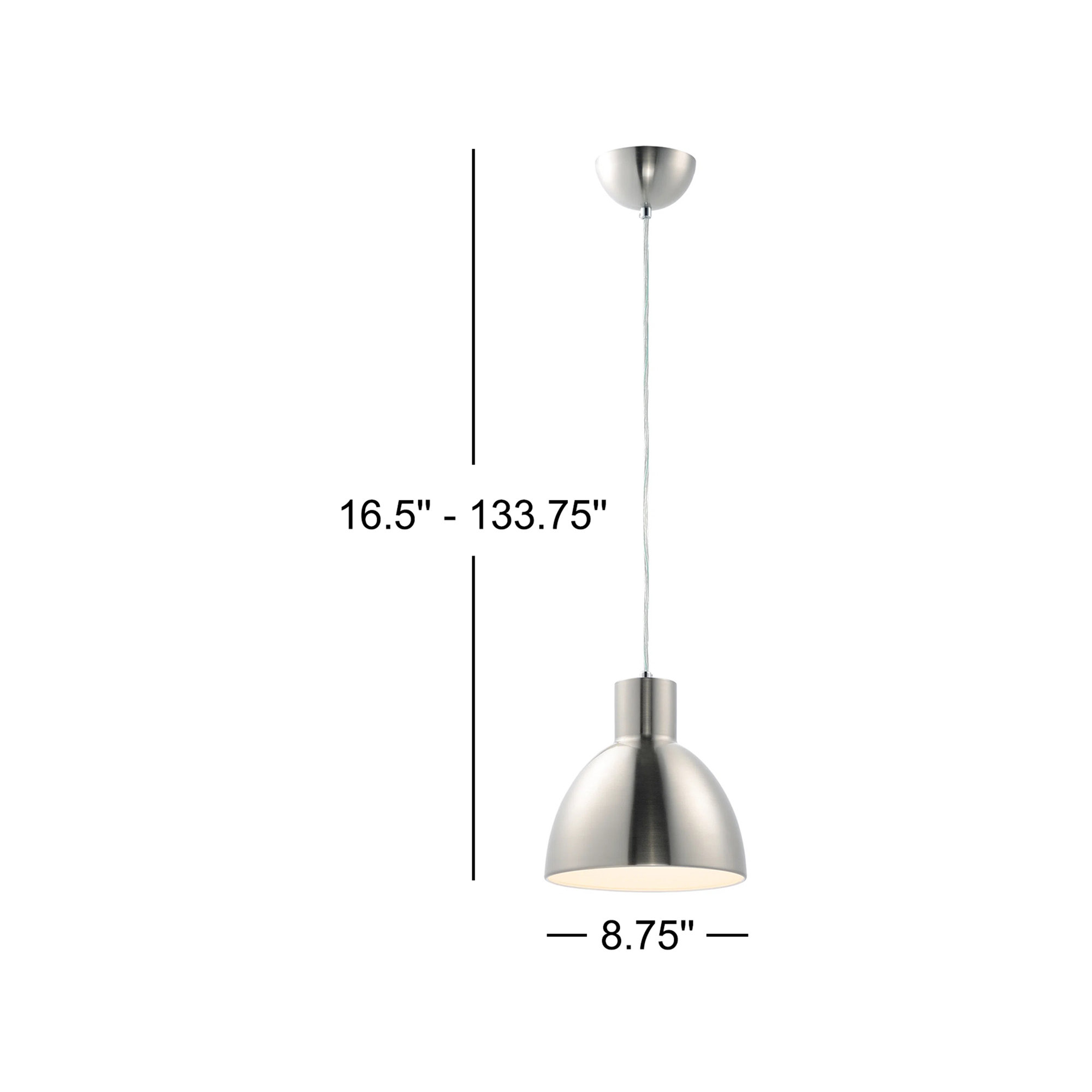 Wava Single Light Metal Dimmable Pendant, Satin Nickel, 8.75" H x 8.75" W x 8.75" D