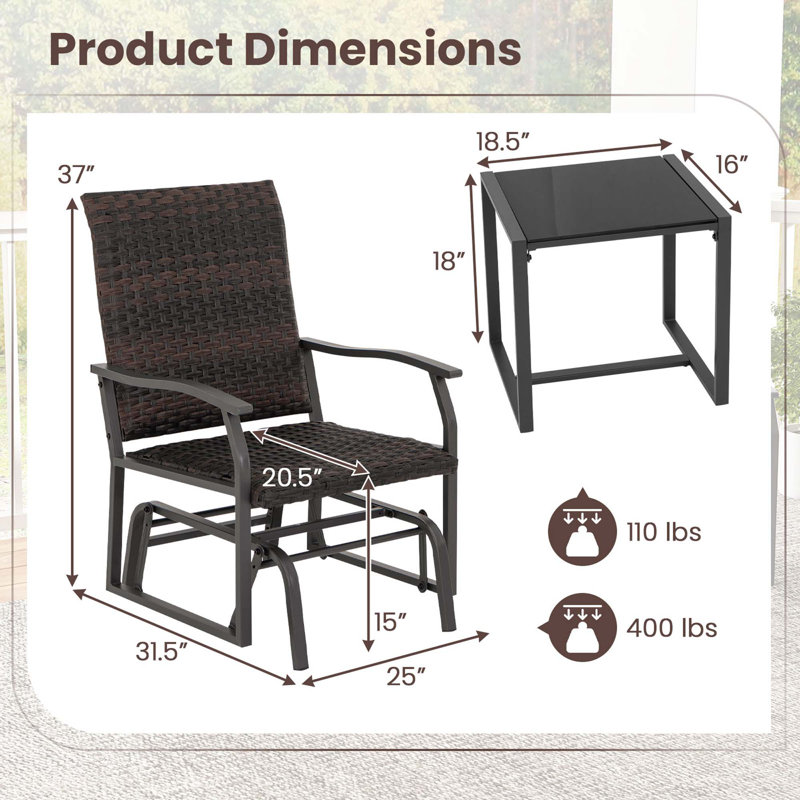 Ensemble de glissement de patio 3 pièces avec table basse en verre trempé Winston Porter
