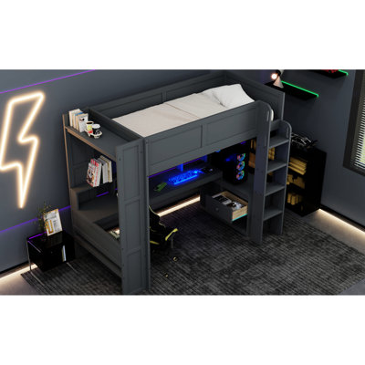 Wood Twin Loft Bed With Desk, Multi, Led, Charging, Dark Gray Finish Multi Shelves, Charging -