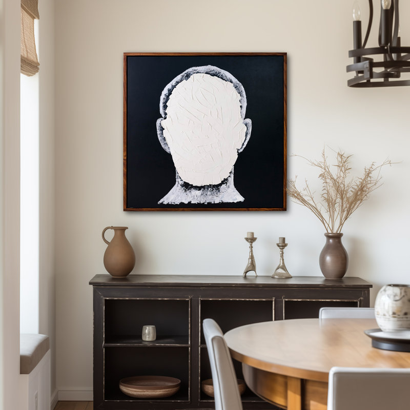 «Blank Face», art contemporain peint à la main, blanc et noir, cadre en bois de parota, l 47 po x P 3 po x H 47 po