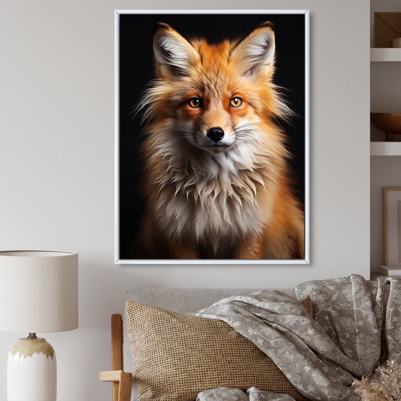 «Orange Fox Guardian», art mural renard, H 40 po x l 30 po x P 1,5 po, Cadre flottant blanc