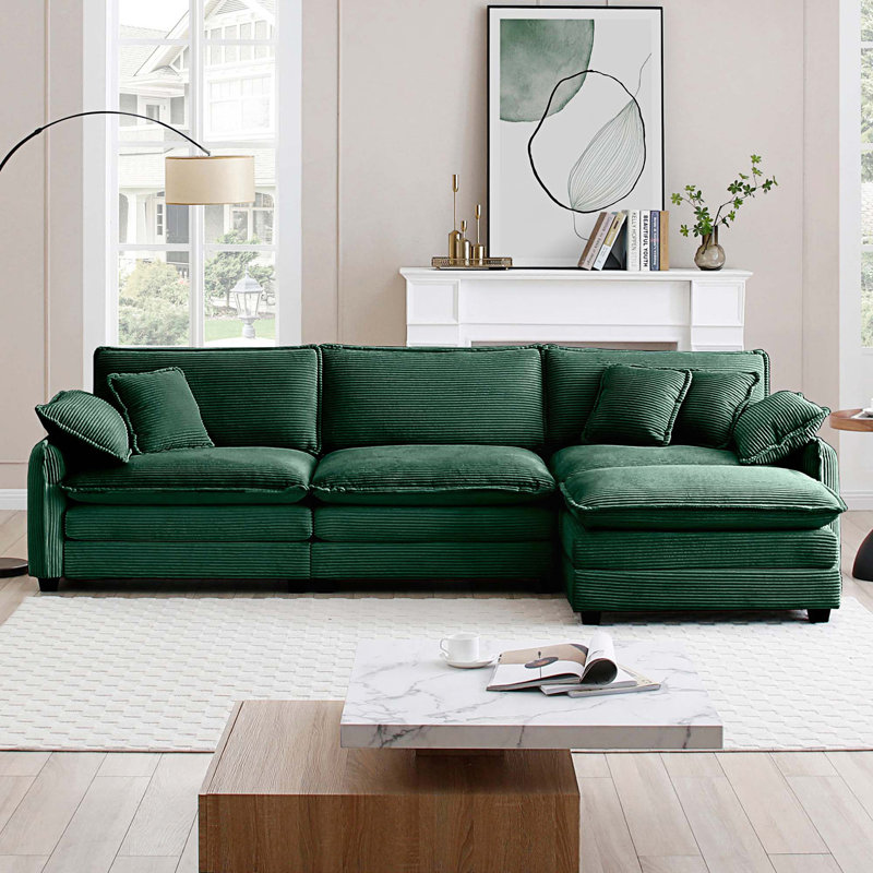 Canapé modulaire 2 places avec repose-pieds et coussins Paramveer, Vert, L 115,34 po