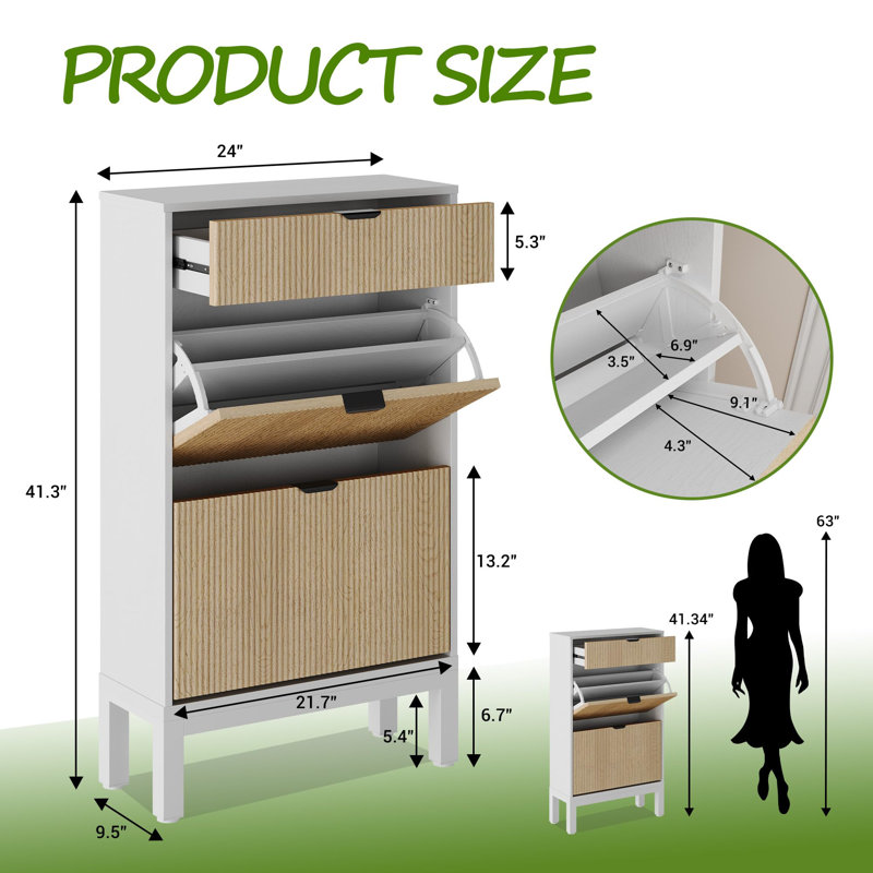 Fluted Shoe Cabinet with 2 Flip Doors & Drawer, Slim Hidden Shoe Storage with Iron Legs for Entryway, White & Oak