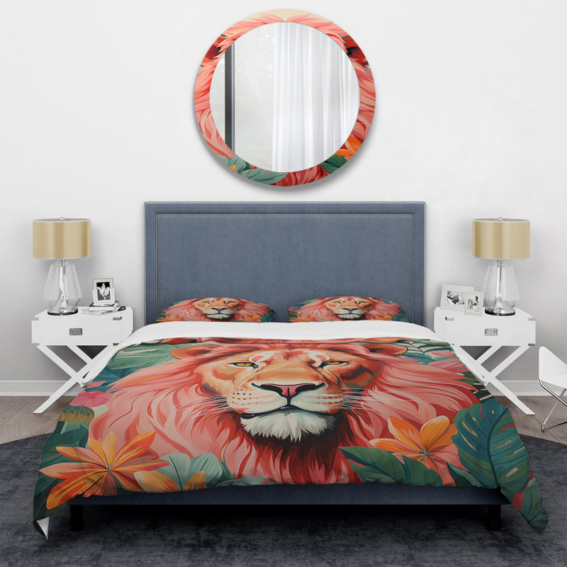 Ensemble de housse de couette lion rose et vert en forêt I - lion, Housse de couette pour grand lit et 2 taies décor