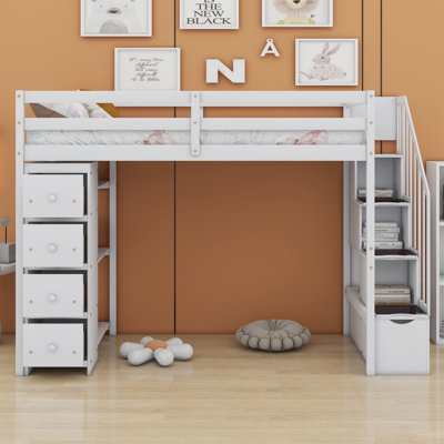 Loft Bed With Shelves,Drawers And Stairs