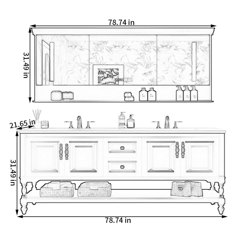 Armoire de salle de bain style campagnard américain, H 31,49 po x l 78,74 po x P 21,65 po