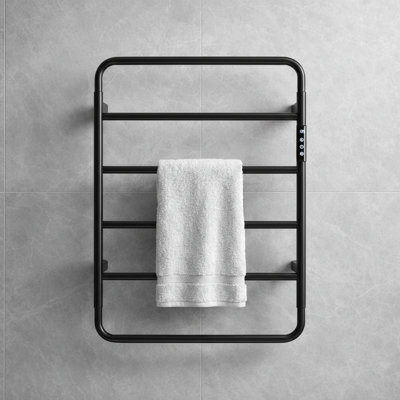 18.7" Wall Mounted Electric Towel Warmer, 6-Bar With Touch Screen Timer, Matte Black 304 Stainless Steel, Plug-In/Hardwired